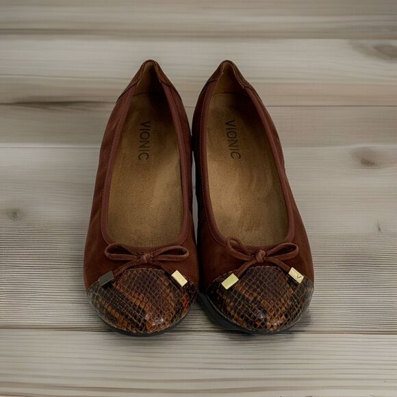 Vionic Ballet Flats Sz 7 Snake Print Cap Tie Comfort Ballerina Shoes Suede Bow - Picture 1 of 7